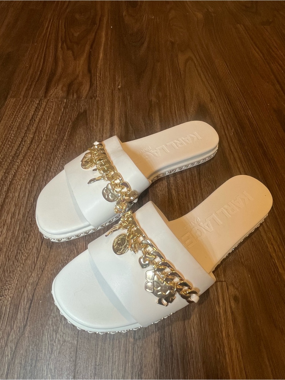 Karl Lagerfeld White Slide Sandals with Gold Chain Charms